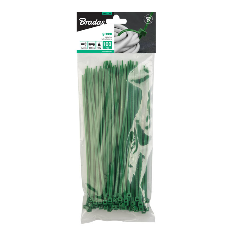 Стяжки кабельні пластикові 4,8x200мм, 100 шт. GREEN, TS1148250G